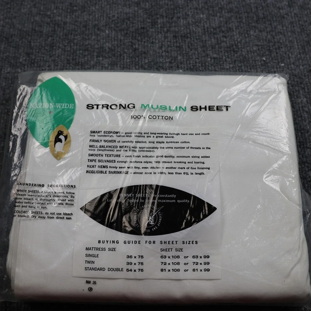 Vintage Penneys Nation-Wide Double Bed Flat Sheet Strong Muslin 81x108 Cotton‎